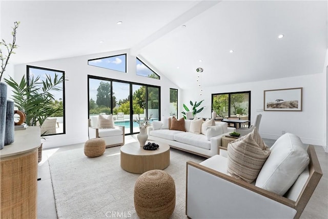 29951 Morongo Pl, Laguna Niguel, CA 92677 - living area with beamed ceiling, high vaulted ceiling, and recessed lighting