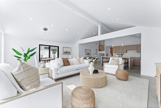 29951 Morongo Pl, Laguna Niguel, CA 92677 - living room with beamed ceiling, recessed lighting, and high vaulted ceiling