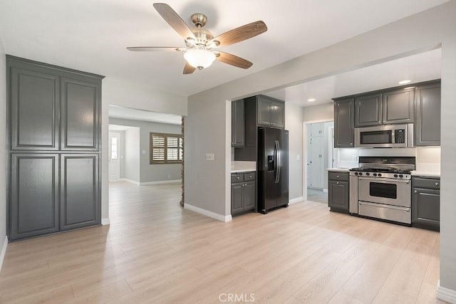 309 N Leland Ave, West Covina, CA 91790 - kitchen with appliances with stainless steel finishes, a ceiling fan, light wood finished floors, light countertops, and gray cabinetry