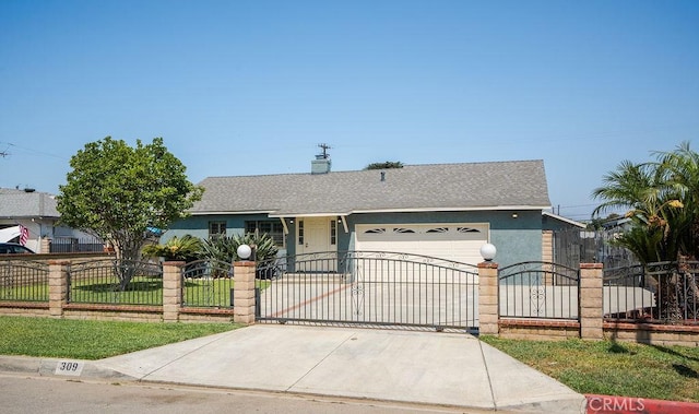 309 N Leland Ave, West Covina, CA 91790 - ranch-style house with an attached garage, concrete driveway, a fenced front yard, stucco siding, and a gate