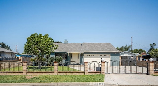 309 N Leland Ave, West Covina, CA 91790 - single story home featuring an attached garage, a fenced front yard, concrete driveway, a gate, and a chimney