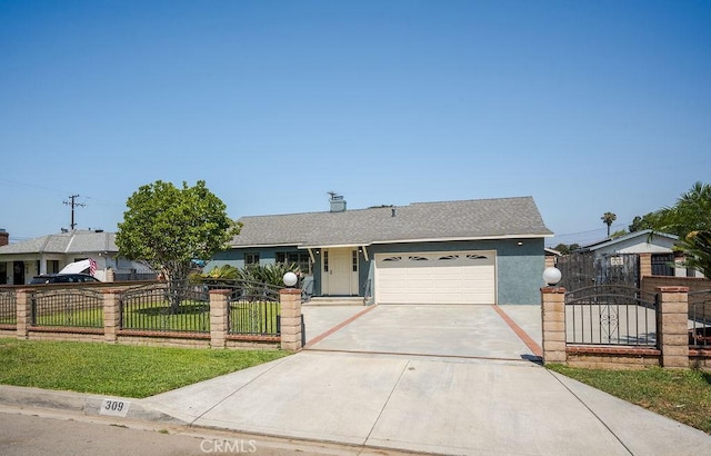 309 N Leland Ave, West Covina, CA 91790 - ranch-style home with a garage, driveway, a fenced front yard, a gate, and roof with shingles