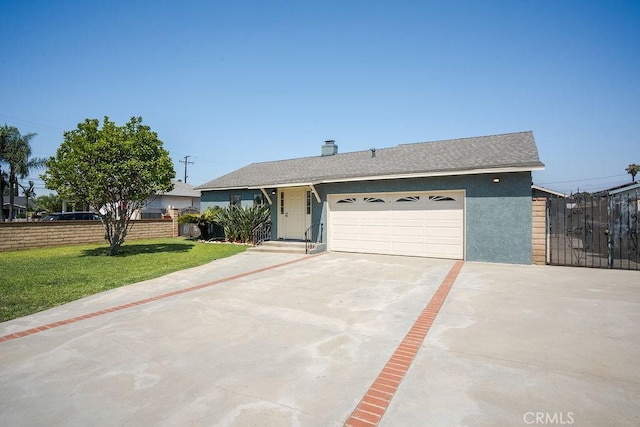309 N Leland Ave, West Covina, CA 91790 - ranch-style home with driveway, an attached garage, stucco siding, and a chimney