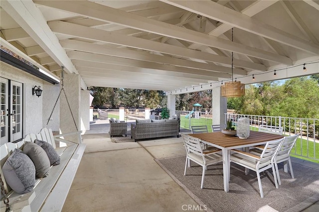 40630 Calle Torcida, Temecula, CA 92591 - fenced backyard with a patio, a playground, outdoor lounge area, french doors, and outdoor dining area