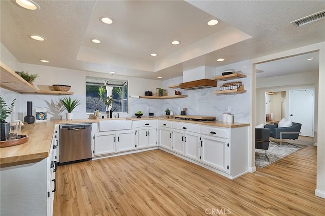 40630 Calle Torcida, Temecula, CA 92591 - kitchen with open shelves, dishwasher, light wood-style flooring, butcher block countertops, and recessed lighting