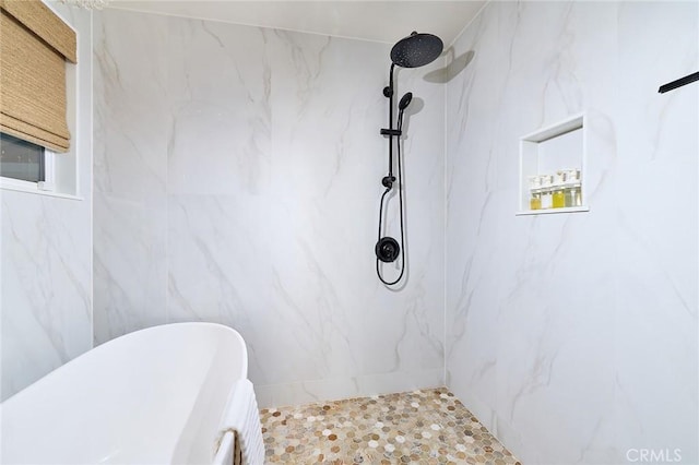 40630 Calle Torcida, Temecula, CA 92591 - bathroom featuring a marble finish shower and a freestanding tub