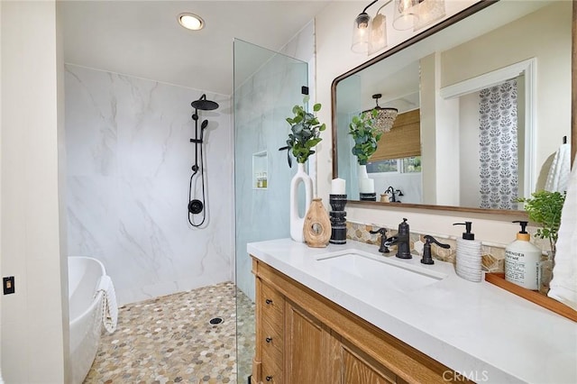 40630 Calle Torcida, Temecula, CA 92591 - full bathroom with a marble finish shower, vanity, a soaking tub, and recessed lighting