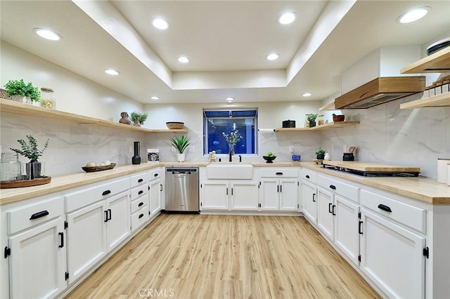 40630 Calle Torcida, Temecula, CA 92591 - kitchen with open shelves, dishwasher, stovetop, white cabinetry, and recessed lighting