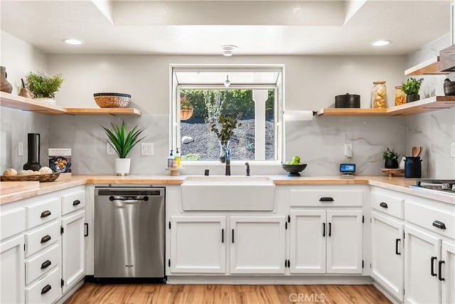40630 Calle Torcida, Temecula, CA 92591 - kitchen featuring open shelves, dishwasher, white cabinets, backsplash, and recessed lighting