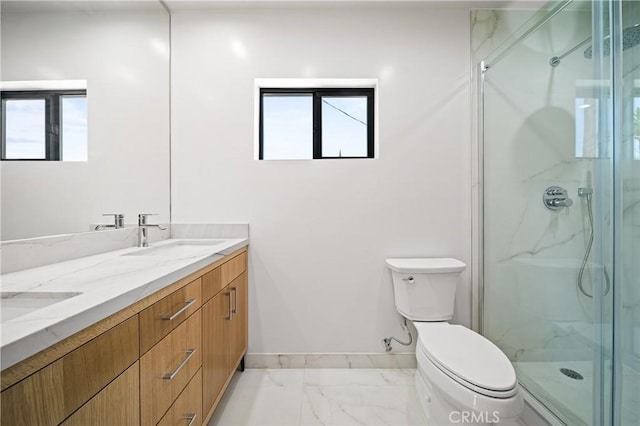 16701 Kalisher, Granada Hills, CA 91344 - bathroom with marble finish floors, double vanity, a marble finish shower, and healthy amount of natural light