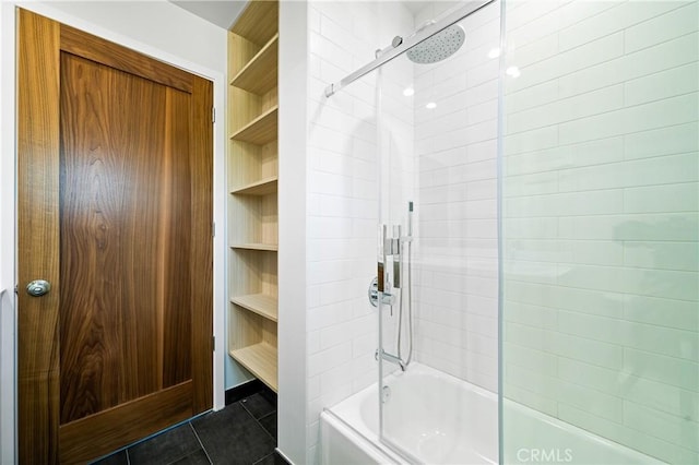 16701 Kalisher, Granada Hills, CA 91344 - bathroom with shower / bathtub combination, tile patterned floors, and built in shelves