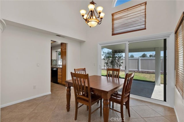 1850 Coolidge St, Corona, CA 92879 - dining space featuring light tile patterned floors, a chandelier, and a high ceiling