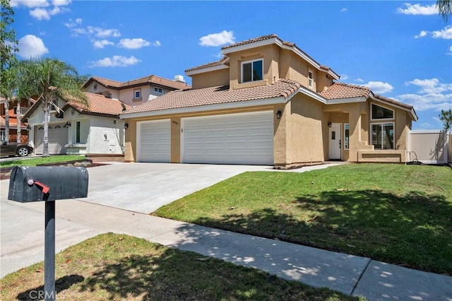 1850 Coolidge St, Corona, CA 92879 - mediterranean / spanish house featuring stucco siding, concrete driveway, a front yard, a tiled roof, and an attached garage