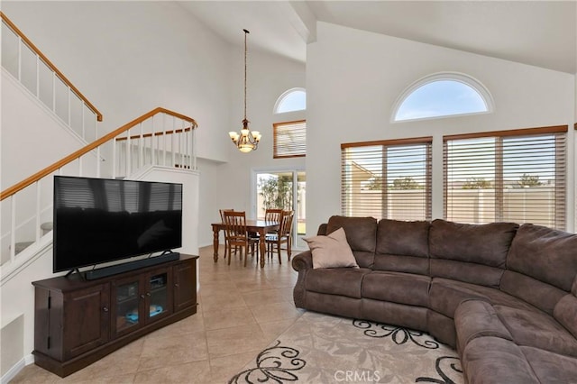 1850 Coolidge St, Corona, CA 92879 - living room featuring a chandelier, stairs, high vaulted ceiling, and light tile patterned floors