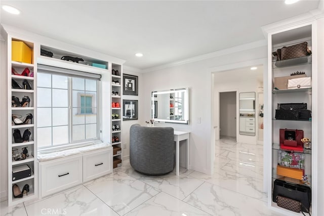 2227 Melogold Way, Corona, CA 92883 - home office with crown molding, light marble finish flooring, and recessed lighting