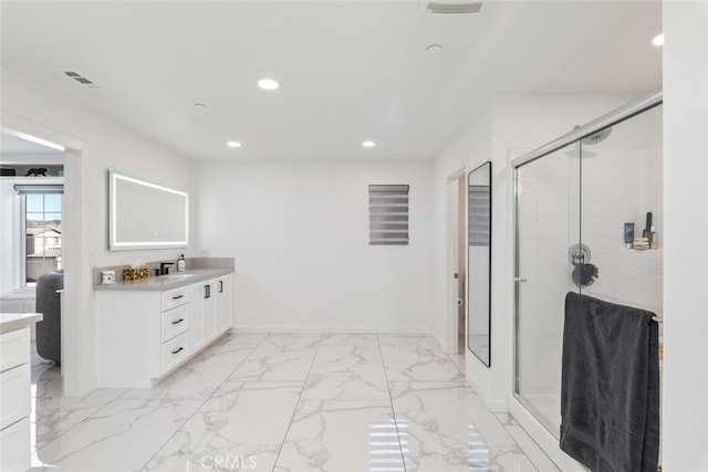 2227 Melogold Way, Corona, CA 92883 - full bathroom with vanity, recessed lighting, a stall shower, and marble look tiles