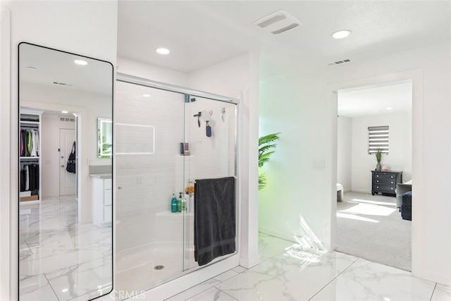 2227 Melogold Way, Corona, CA 92883 - full bath with a stall shower, recessed lighting, marble finish flooring, and a walk in closet