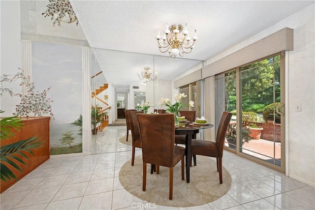 652 Via Zapata, Riverside, CA 92507 - dining area with a chandelier, light tile patterned floors, stairs, and a textured ceiling