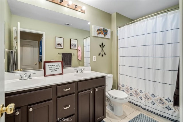 2322 Carolyn Dr, Palmdale, CA 93551 - full bathroom with double vanity, tile patterned floors, and a shower with curtain