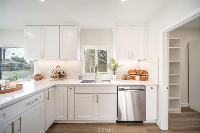 482 Mountain View St, Altadena, CA 91001 - kitchen with dishwasher, white cabinets, wood finished floors, and light countertops