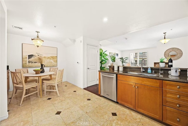 68 E Bay State St Unit 3F, Alhambra, CA 91801 - kitchen with stainless steel dishwasher, brown cabinetry, decorative light fixtures, a chandelier, and light tile patterned flooring