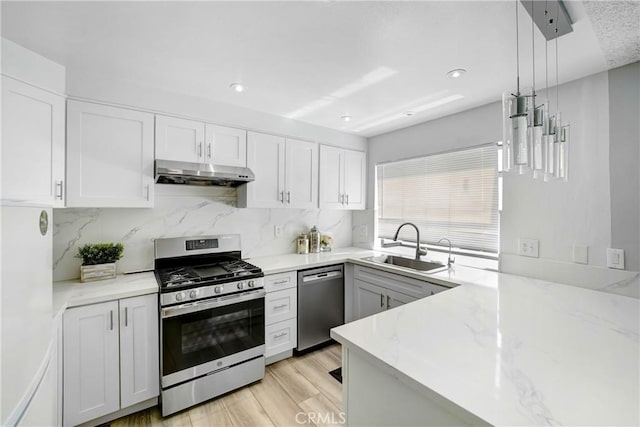 2620 W Grand Ave Unit E, Alhambra, CA 91801 - kitchen with appliances with stainless steel finishes, under cabinet range hood, white cabinetry, light wood-type flooring, and light stone countertops