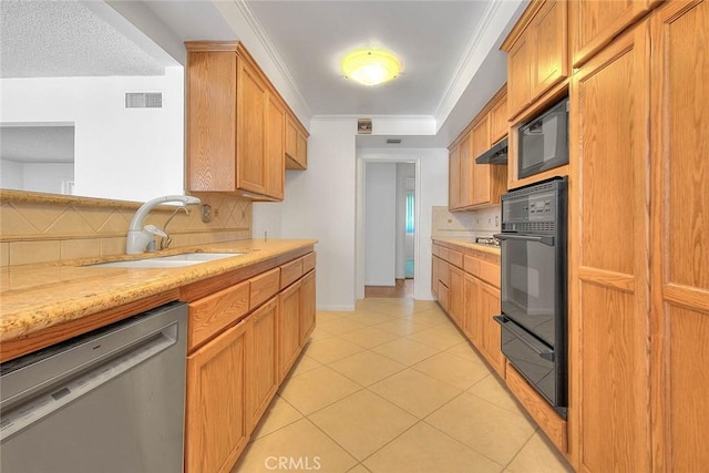902 W Lucille Ave, West Covina, CA 91790 - kitchen with black appliances, a warming drawer, backsplash, light tile patterned flooring, and ornamental molding