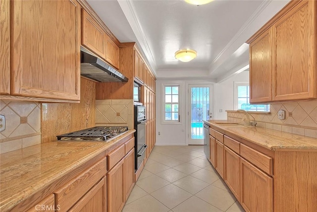 902 W Lucille Ave, West Covina, CA 91790 - kitchen with exhaust hood, appliances with stainless steel finishes, tasteful backsplash, and a tray ceiling
