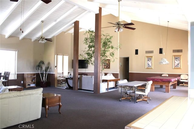 25584 Sharp Dr Unit D, Hemet, CA 92544 - carpeted living room with a ceiling fan, high vaulted ceiling, billiards, beamed ceiling, and plenty of natural light