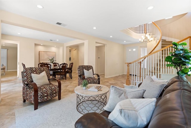 3463 Corte Fresa, Carlsbad, CA 92009 - living area featuring stairway, recessed lighting, light tile patterned floors, and a chandelier