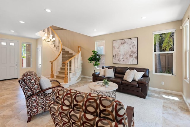 3463 Corte Fresa, Carlsbad, CA 92009 - living area with recessed lighting, stairs, and light tile patterned floors