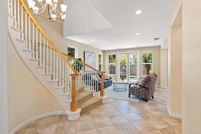 3463 Corte Fresa, Carlsbad, CA 92009 - foyer featuring recessed lighting, stairs, a chandelier, and tile patterned floors