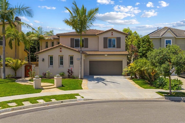 3463 Corte Fresa, Carlsbad, CA 92009 - mediterranean / spanish house with a tiled roof, stucco siding, driveway, an attached garage, and a front yard