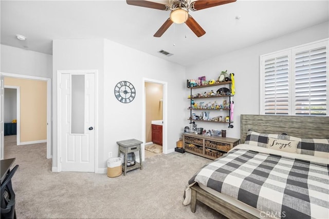 7133 Brisas Ct, Rancho Cucamonga, CA 91739 - carpeted bedroom with ceiling fan and ensuite bath