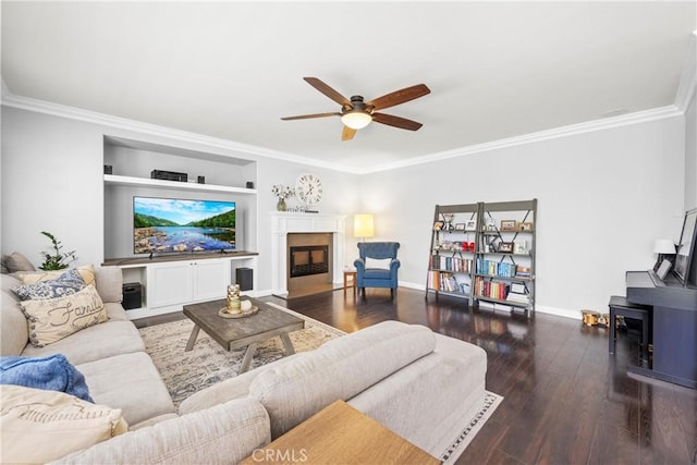 7133 Brisas Ct, Rancho Cucamonga, CA 91739 - living area with ceiling fan, ornamental molding, wood finished floors, and a fireplace with flush hearth