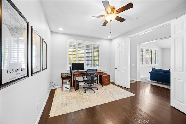 7133 Brisas Ct, Rancho Cucamonga, CA 91739 - office featuring dark wood-type flooring, a ceiling fan, and recessed lighting