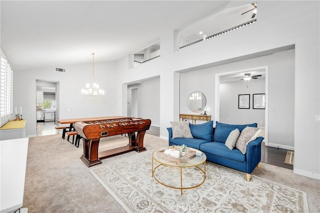 7133 Brisas Ct, Rancho Cucamonga, CA 91739 - playroom featuring a chandelier, carpet flooring, a ceiling fan, and high vaulted ceiling