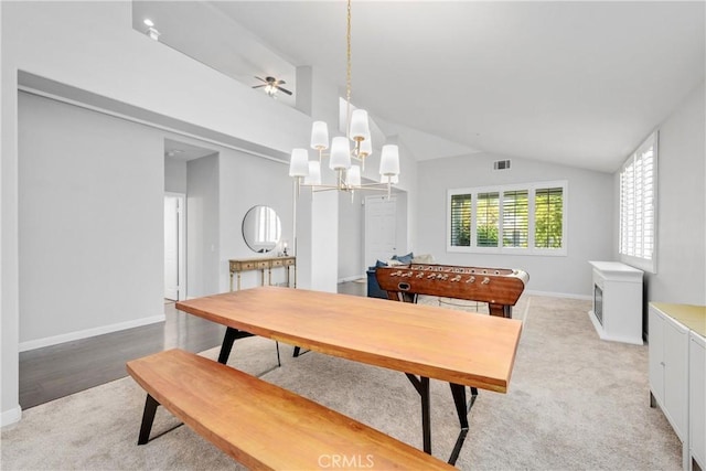 7133 Brisas Ct, Rancho Cucamonga, CA 91739 - dining room featuring lofted ceiling, a chandelier, and light colored carpet
