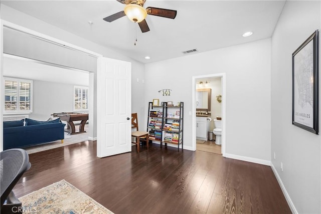 7133 Brisas Ct, Rancho Cucamonga, CA 91739 - office area with wood finished floors, a ceiling fan, and recessed lighting