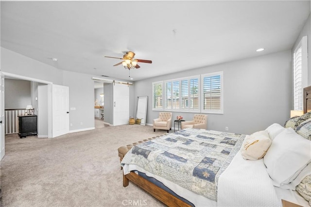 7133 Brisas Ct, Rancho Cucamonga, CA 91739 - carpeted bedroom with a barn door, ceiling fan, and recessed lighting