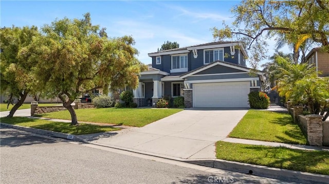 7133 Brisas Ct, Rancho Cucamonga, CA 91739 - view of front of home featuring an attached garage, a front yard, concrete driveway, and stone siding