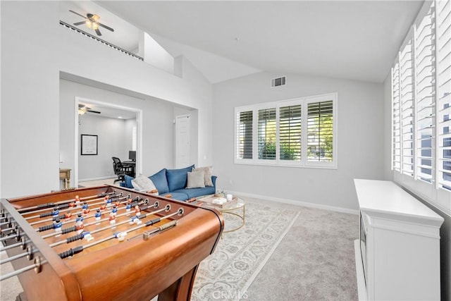 7133 Brisas Ct, Rancho Cucamonga, CA 91739 - recreation room with ceiling fan, lofted ceiling, and carpet
