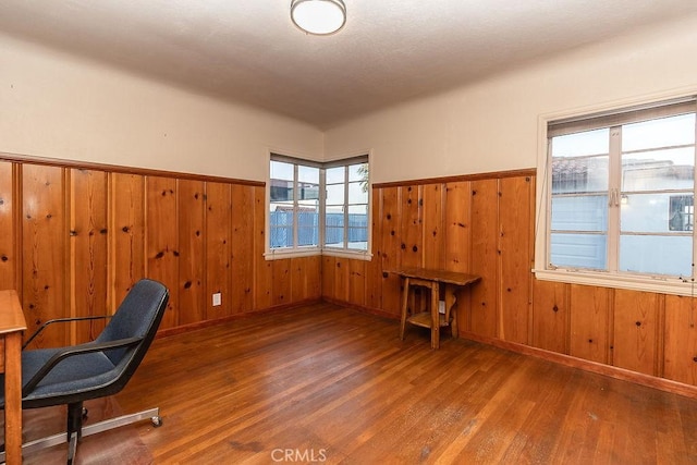 1417 Highland Ave, Needles, CA 92363 - unfurnished office with wood finished floors, a wainscoted wall, plenty of natural light, and wood walls