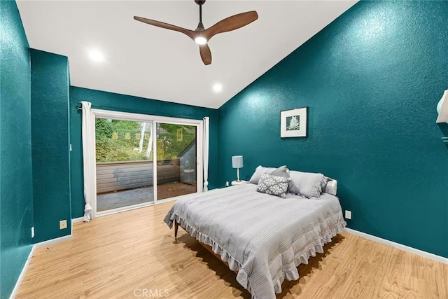 1696 Shady Brook Dr Unit 14, Fullerton, CA 92831 - bedroom with access to outside, light wood-style floors, vaulted ceiling, and a ceiling fan