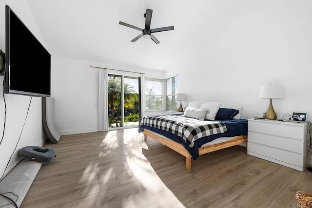 2027 Jenna Pl, Escondido, CA 92029 - bedroom with wood finished floors, vaulted ceiling, access to exterior, and ceiling fan