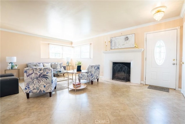 3730 E Euclid Ave, Orange, CA 92869 - tiled living area with crown molding and a tiled fireplace