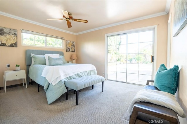 3730 E Euclid Ave, Orange, CA 92869 - bedroom with access to outside, ornamental molding, carpet flooring, and ceiling fan