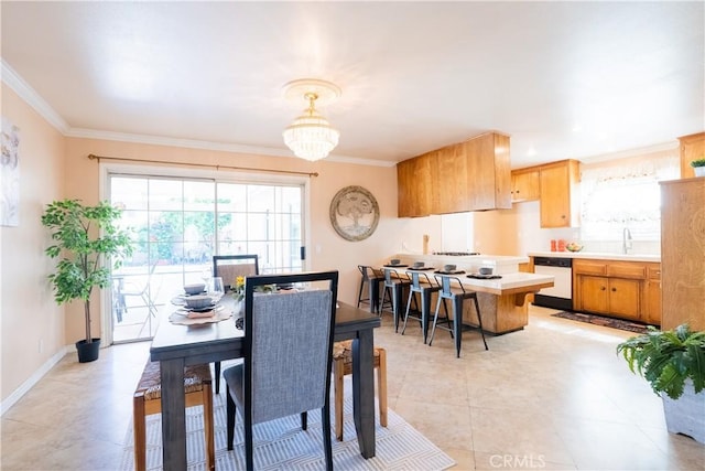 3730 E Euclid Ave, Orange, CA 92869 - dining space featuring crown molding, a chandelier, and light tile patterned floors