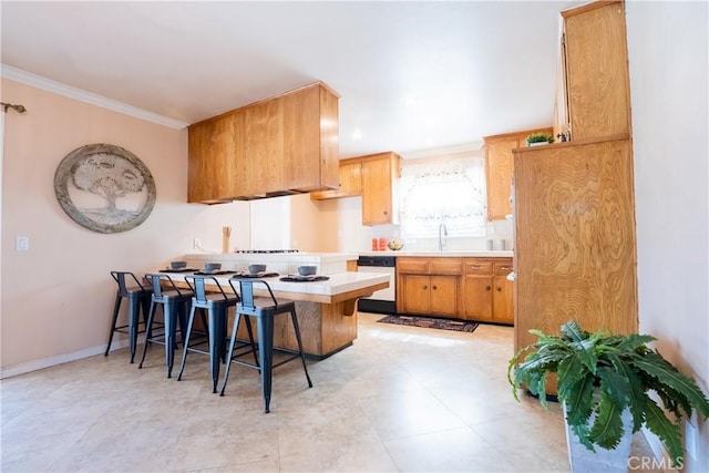 3730 E Euclid Ave, Orange, CA 92869 - kitchen with a peninsula, light countertops, crown molding, a breakfast bar, and white dishwasher