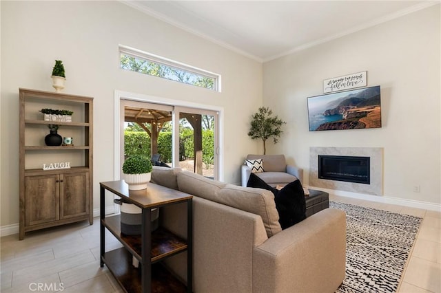 2666 Peacock Pl, La Verne, CA 91750 - living area featuring crown molding, a fireplace, and a towering ceiling